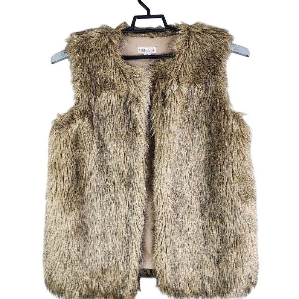 Womens Merona Brown Faux Fur Vest Jacket Fully Lined Open Front Acrylic Blend M